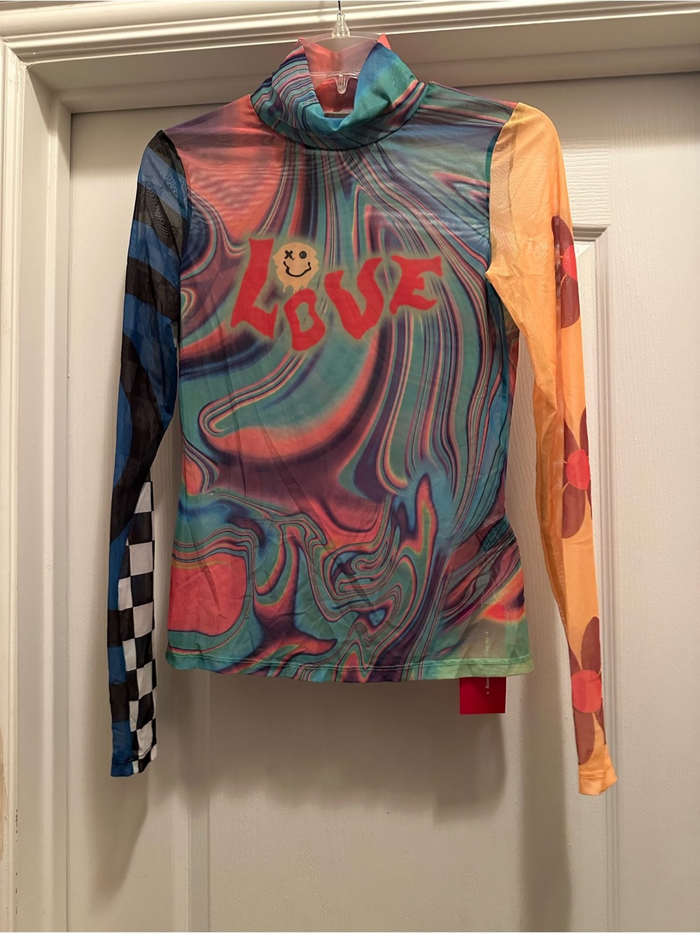 SHEIN Multicolor Swirl 'LOVE' Graphic Mesh Long-Sleeve Tee